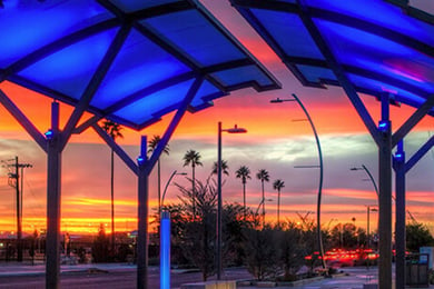 Shade Structure in front of tropical Sunrise